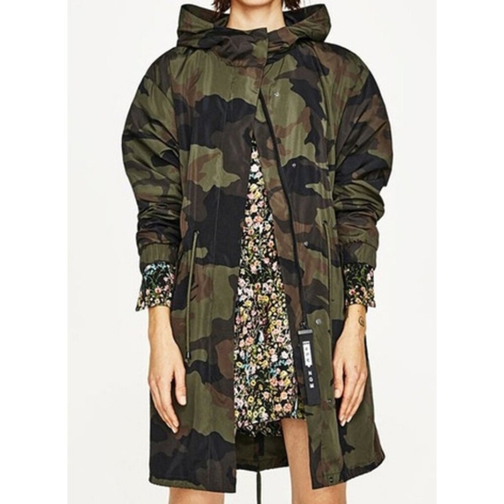Zara Camouflage Print Parka Long Camo Lightweight Rain Hooded Jacket Windbreaker